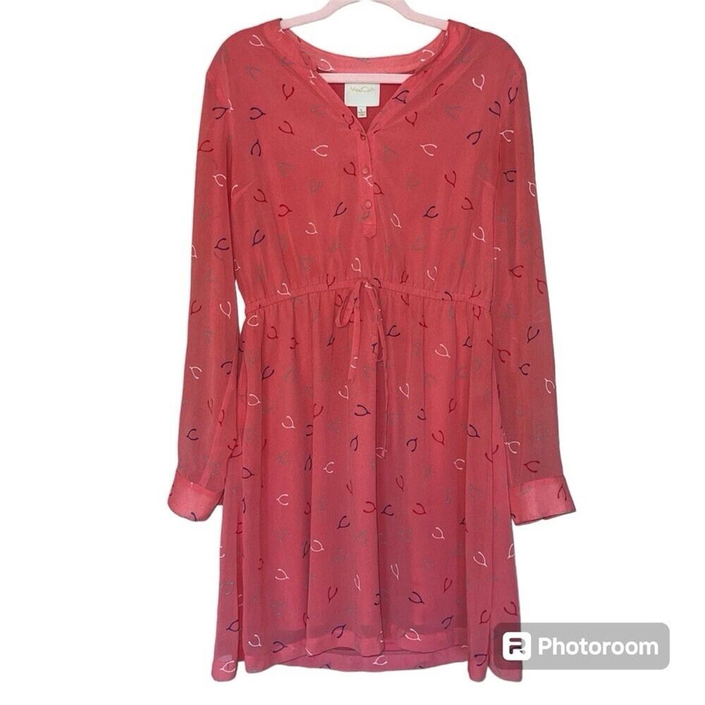 ModCloth Effortless Arrival Dress Coral Novelty Wishbone Print Sz L Retro